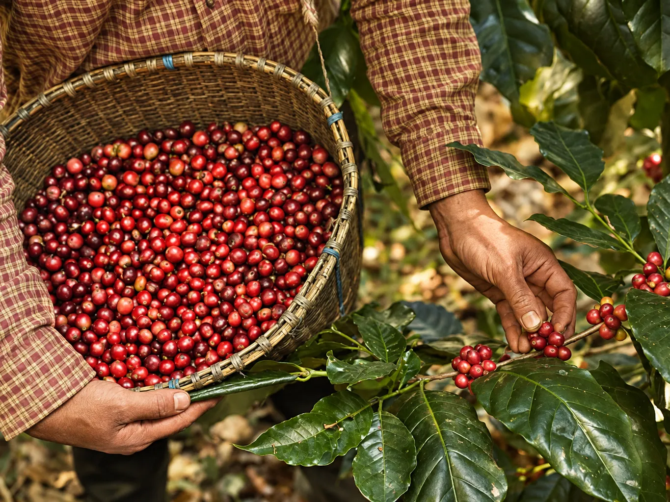 Mãos colhendo frutos maduros de café no pé e juntando-os num cesto de palha.